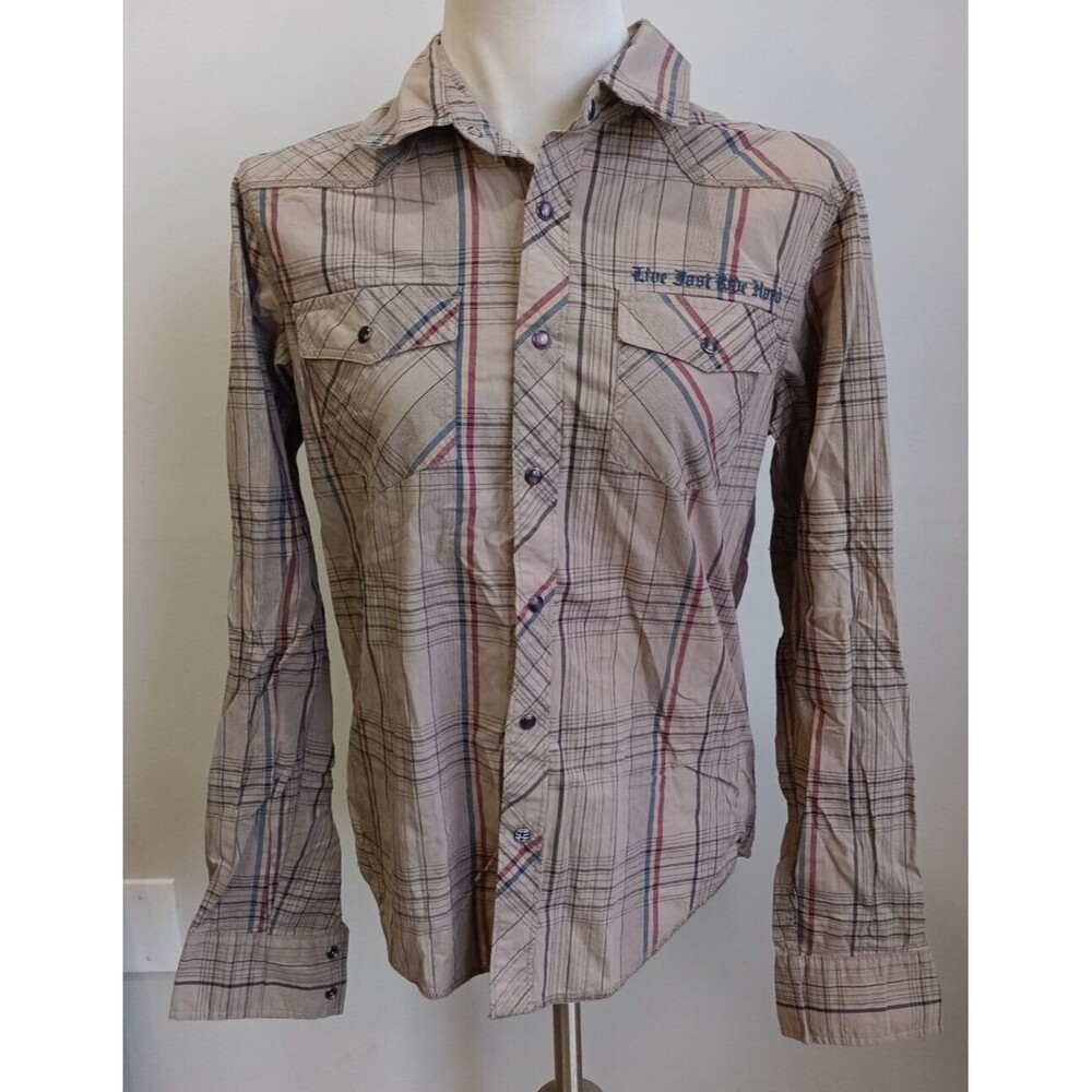 Fox Plaid Long Sleeve Black Pearl Snap Button Down Shirt Brown Med Embroidered